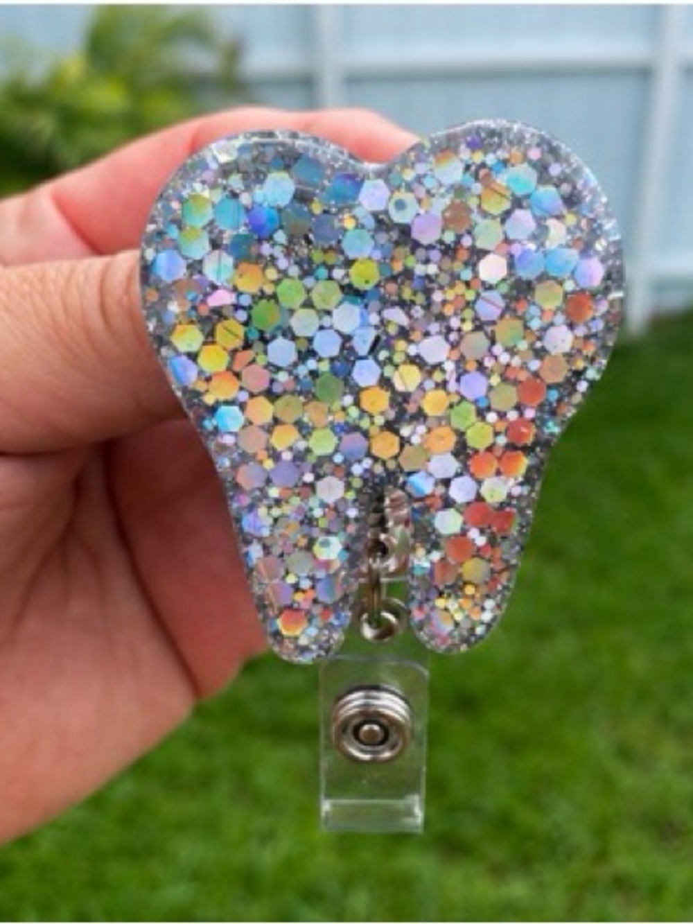 Sparkling Multicolor Tooth-Shaped Badge Reel Key & Card Holder